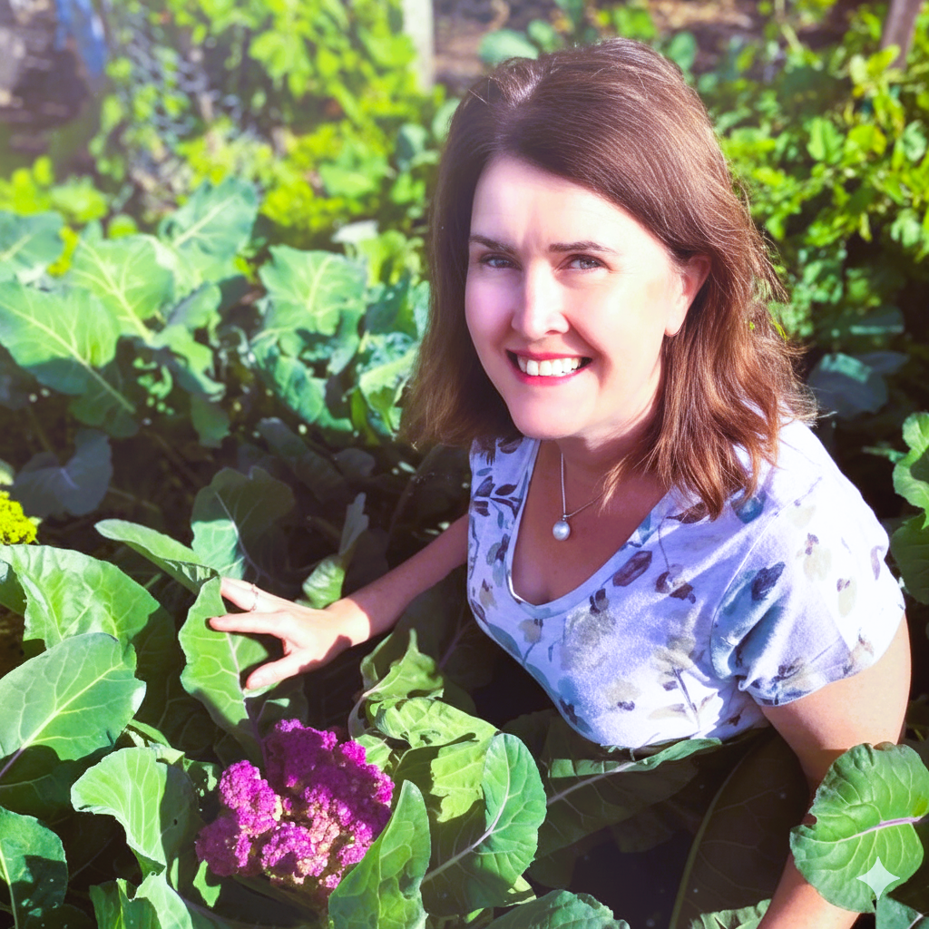 Nicole inspecting the vegetable garden